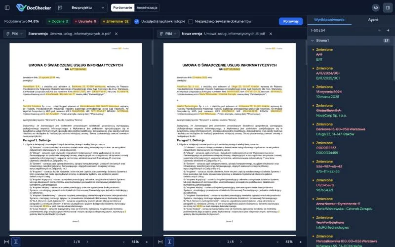 DocChecker porównujący dwie wersje umowy
